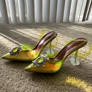 Clear Green Slingback Heel Sandals/Pointed Toe Triangle Rhinestones